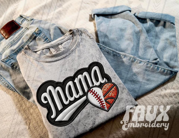 Baseball/Basketball Mama Faux Embroidered Tee