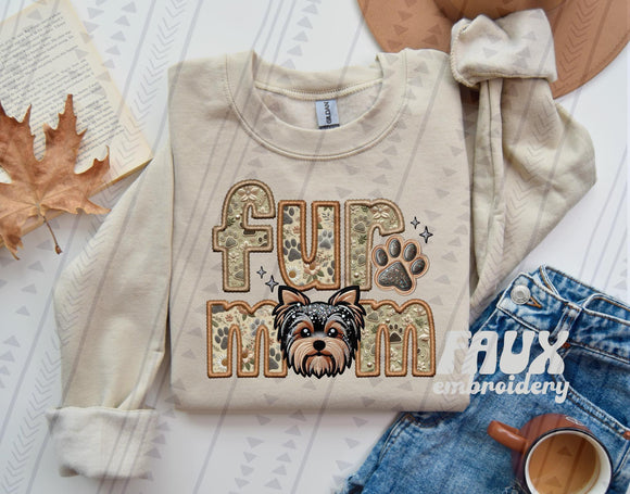 Fur Mom (Black and Tan Yorkie)  Faux Embroidered Tee