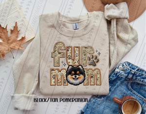 Fur Mom (Black And Tan Pomeranian)  Faux Embroidered Tee
