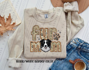 Fur Mom (Black And White Border Collie)  Faux Embroidered Tee