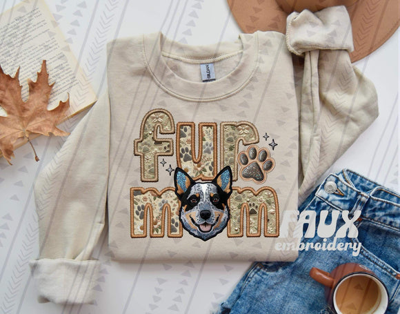 Fur Mom (Blue Heeler)  Faux Embroidered Tee