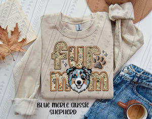 Fur Mom (Blue Merle Australian Shepherd)  Faux Embroidered Tee