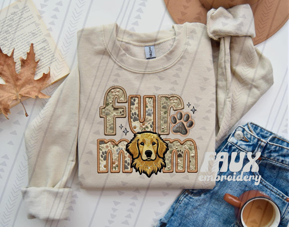 Fur Mom (Golden Retriever)  Faux Embroidered Tee