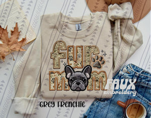 Fur Mom (Grey Frenchie)  Faux Embroidered Tee