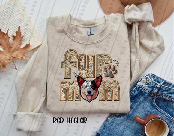 Fur Mom (Red Heeler)  Faux Embroidered Tee