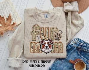 Fur Mom (Red Merle Aus Shepherd)  Faux Embroidered Tee