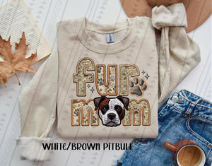 Fur Mom (White and Brown Pitbull)  Faux Embroidered Tee