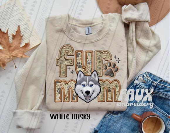 Fur Mom (White Husky)  Faux Embroidered Tee